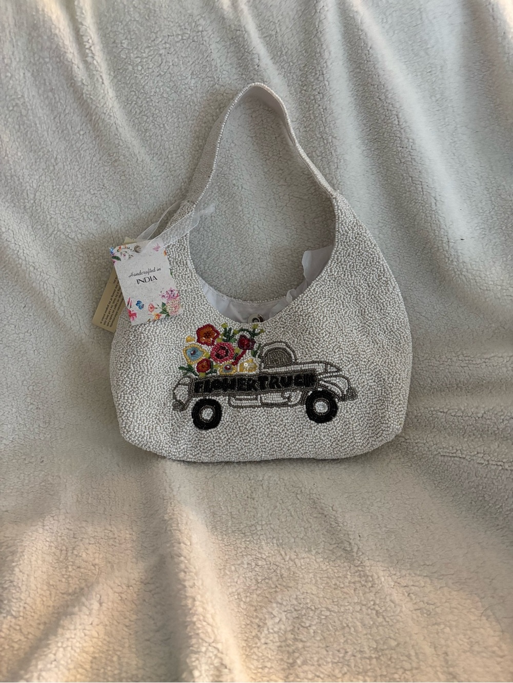 White Beaded Hobo Bag with Embroidered Floral Truck